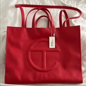 Large Telfar Red Tote Bag with Double Handles and Spacious Design